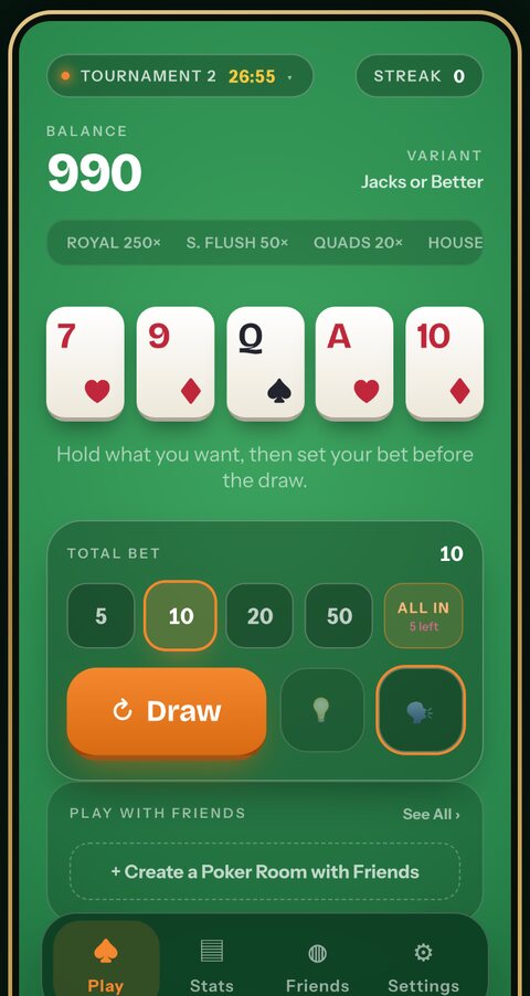 A dealt hand of five cards with the bet selector and Draw button below it.