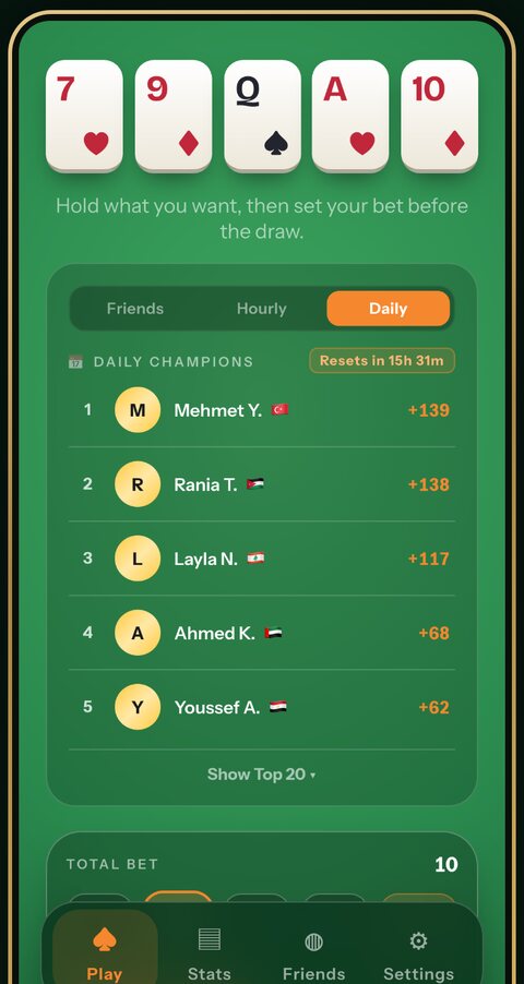 The daily champions leaderboard listing players and their scores.